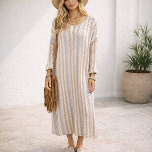 Sz 2X Love Knits Boutique Tan& Blue Striped Crochet Dress NWT